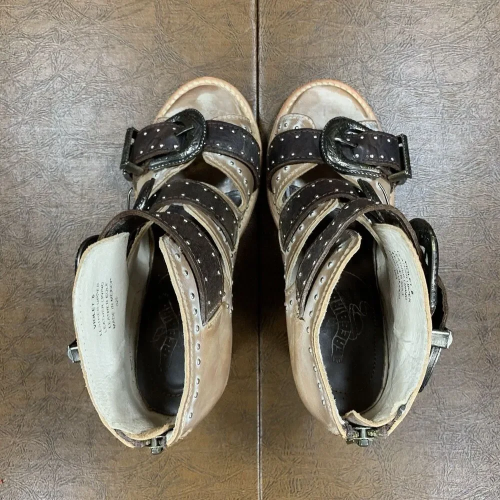 Freebird By Steven Violet Taupe Brown Leather Buckle Studded Sandals Women’s 6